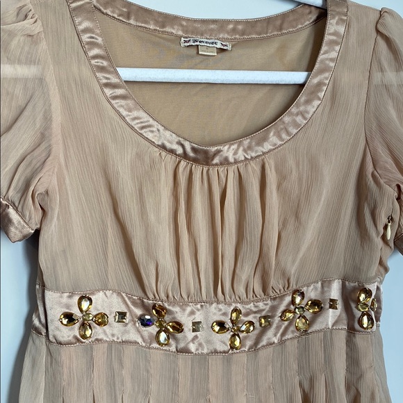 Tan Champagne Puff Sleeve Embellished Babydoll Top Dress - Picture 7 of 7
